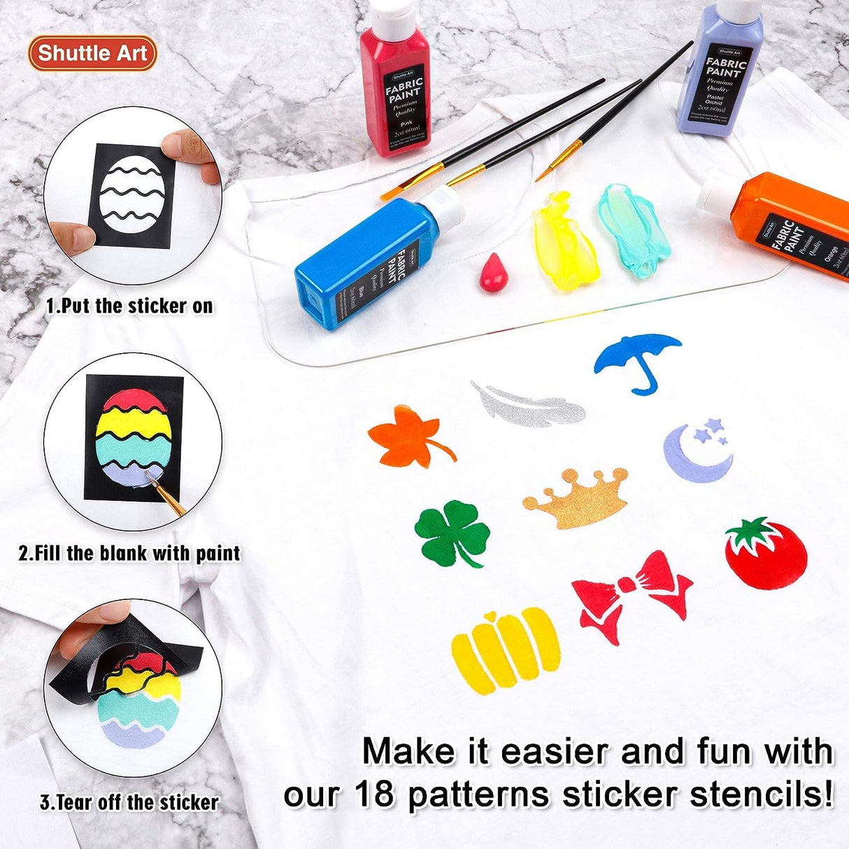 Fabric Paint, Shuttle Art 18 Colors Permanent Soft Fabric Paint in Bottles (60ml/2oz) with Brushes, Palette, Stencils, Non-Toxic Textile Paint for Shuttle Art