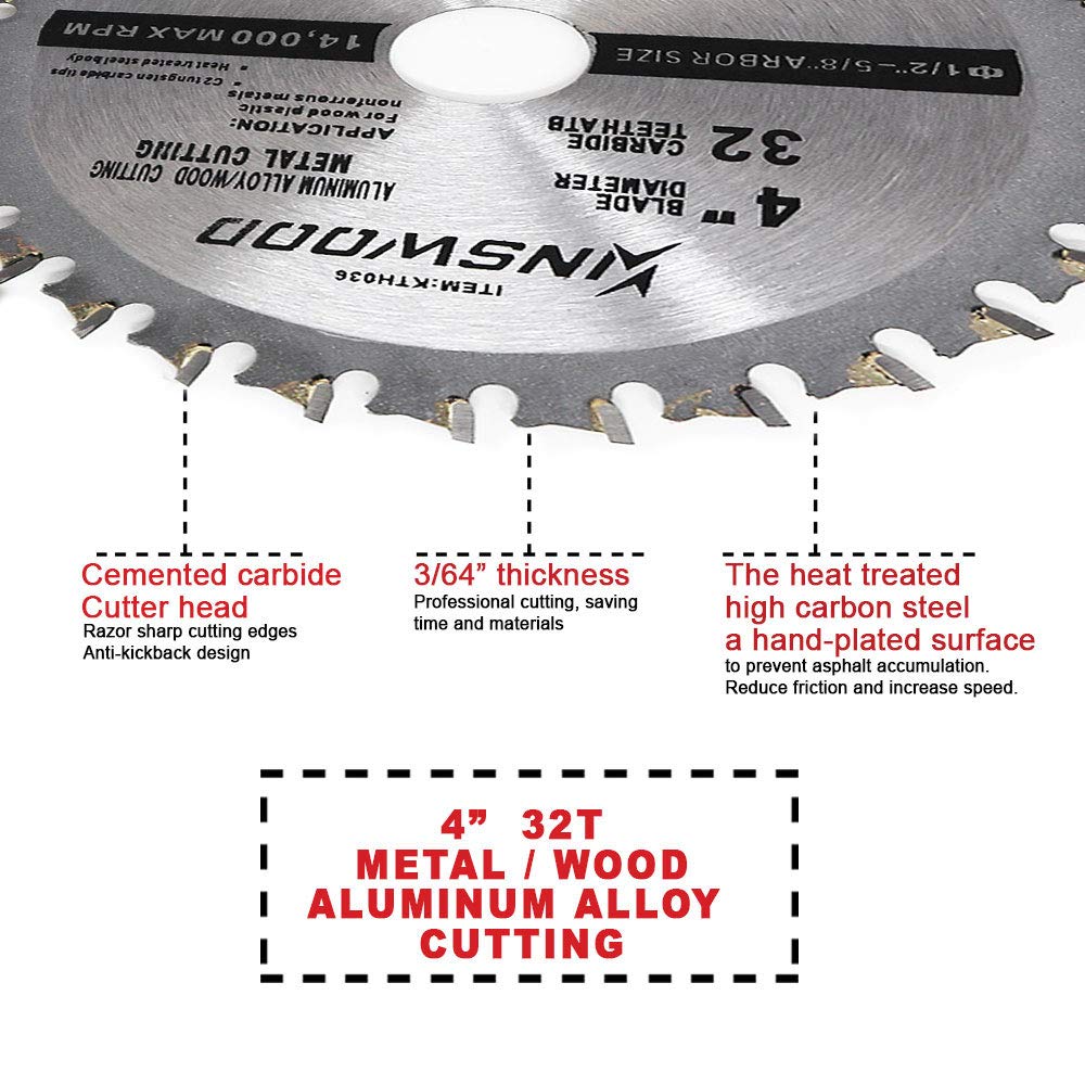Kinswood Circular Saw Blade Metal Cutting Saw Finish Blade Cut Thin Kerf for DeWalt, Makita, SKIL, Bosch Skil, Heavy Duty and Anti-Rust Coating (4" Kinswood