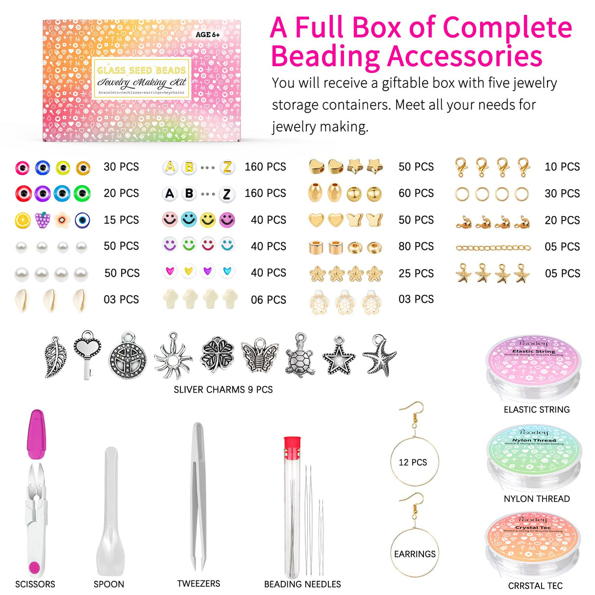 Paodey 30,000 Pcs 3mm 8/0 Glass Seed Beads Friendship Bracelet Making Kit, 96 Colors Small Beads with Letter Accessories Charms for Rings Necklaces Paodey