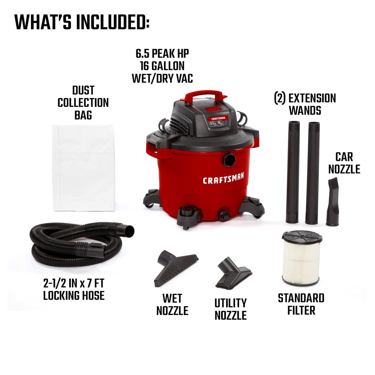 CRAFTSMAN CMXEVBE17595 16 Gallon 6.5 Peak HP Wet/Dry Vac, Heavy-Duty Shop Vacuum with Attachments Craftsman