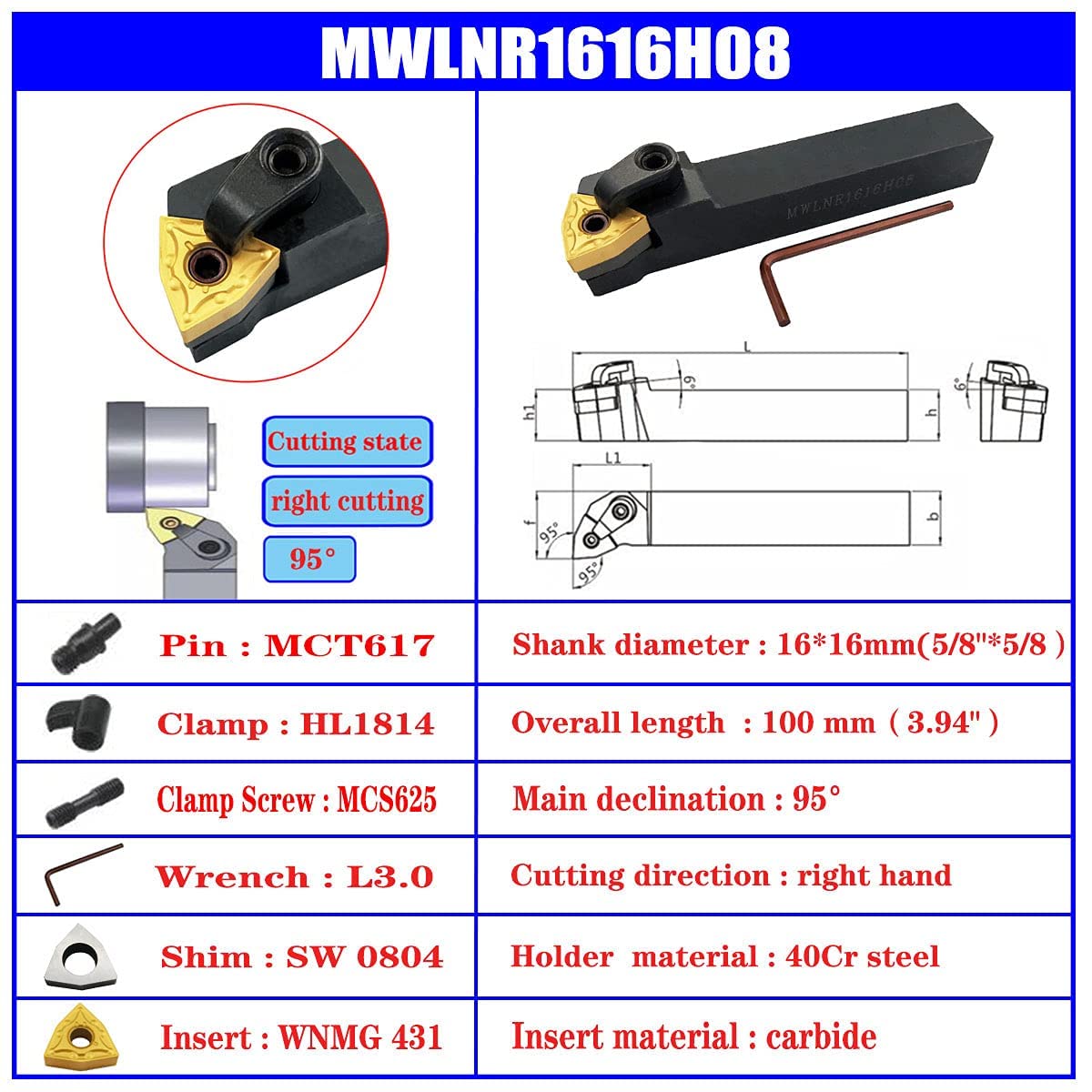 3PCS 5/8" CNC Lathe Excircle Indexable Carbide Turning Tool Holder Bit Set MTJNR1616H16 + MWLNR1616H08 + MCLNR1616H12 with 3pcs wnmg431, cnmg431, CK-CNC