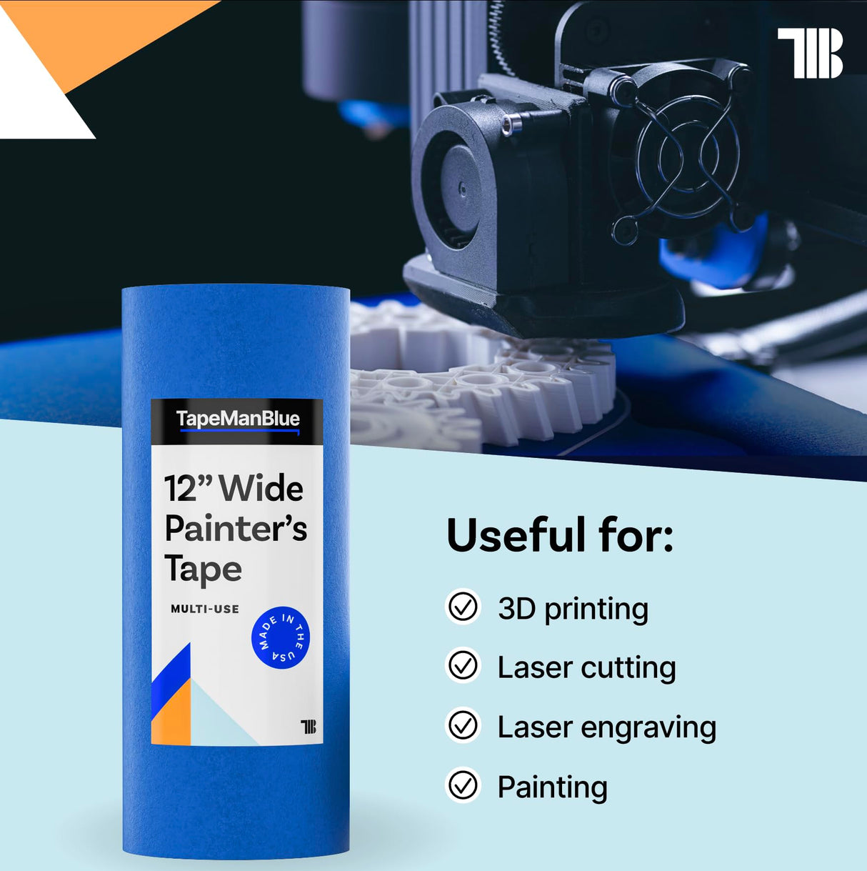 Wide Blue Painters Tape, 12 inch x 60 yds, Made in America, Great Masking Tape for 3D Printing and Laser Cutting, Removes Cleanly for 21 Days TapeManBlue