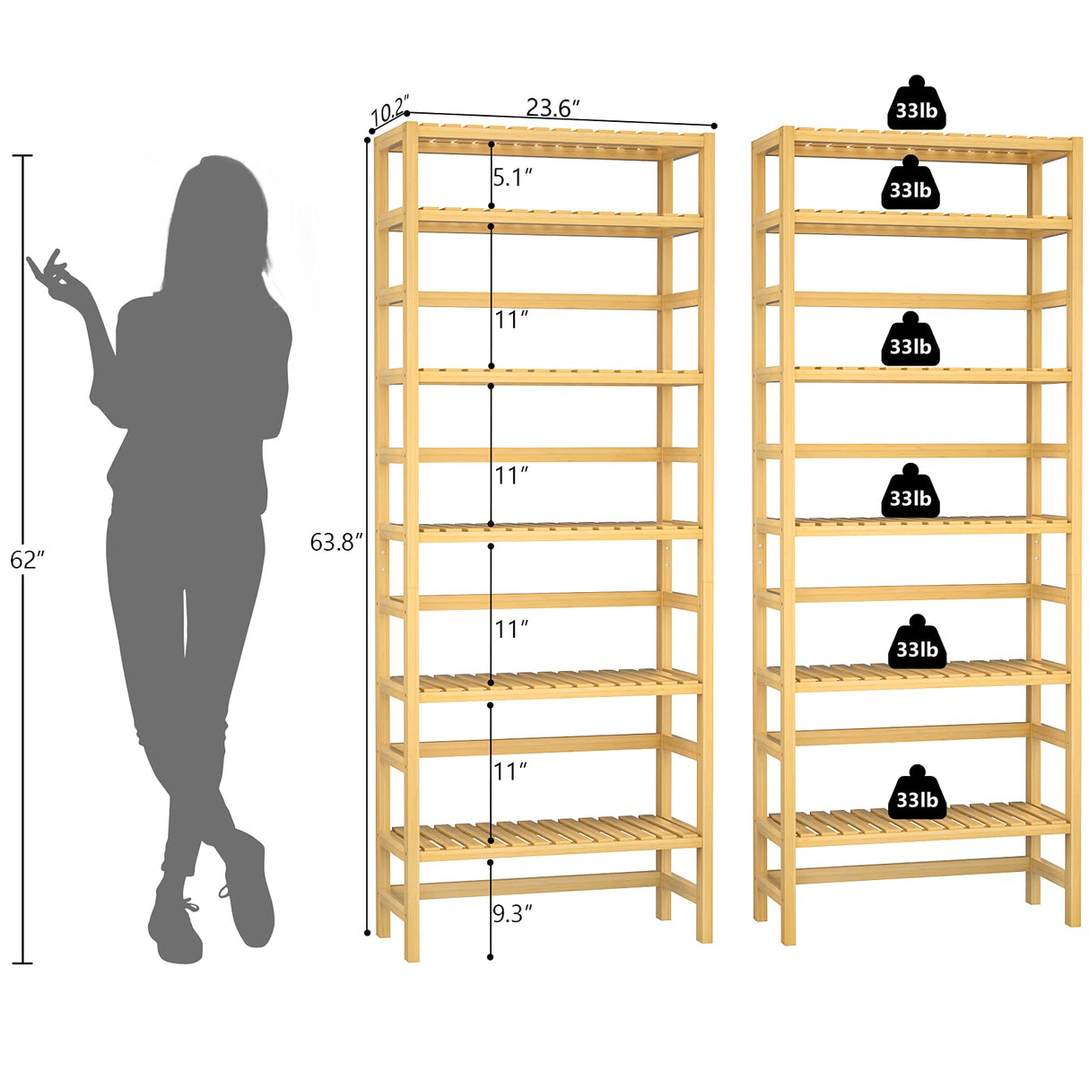 Homykic 6-Tier Bamboo Bookcase - Adjustable Free Standing Storage Shelf for Home and Office Homykic
