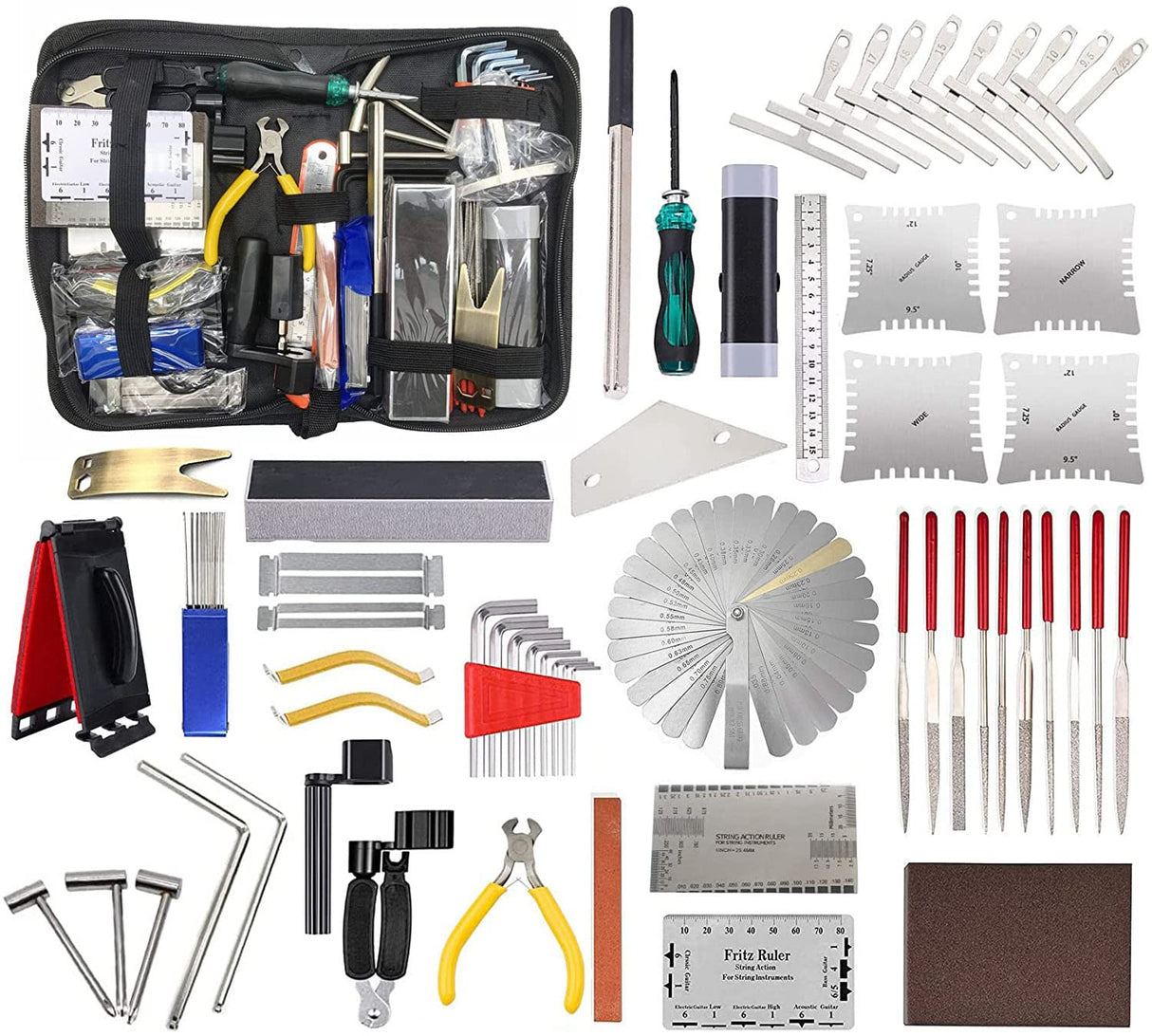 TUOREN 61Pieces Complete Guitar Repairing Tool Kit with Ruler Gauge Measuring Tool Hex Wrench Files Fingerboard Guard Grinding Stone Guitar Gift for TUOREN
