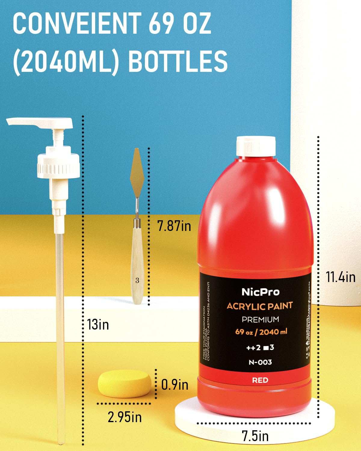 Nicpro 6 Colors Large Bulk Acrylic Paint Set (69 oz, 2040ml) Rich Art Painting Supplies Non Toxic for Multi Surface, Canvas, Wood, Leather, Fabric Nicpro