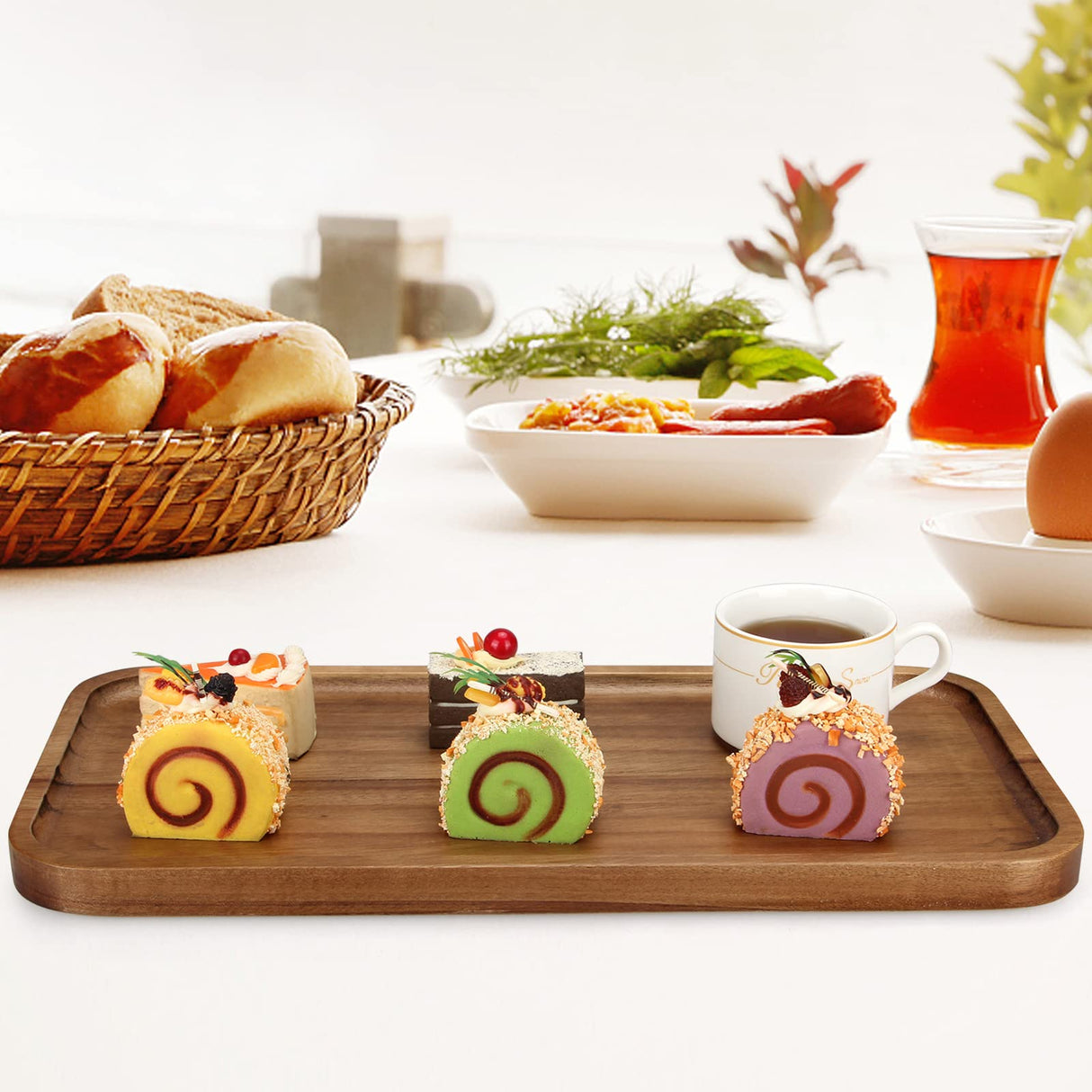 2 Pcs Rectangular Wooden Platters for Food Party Appetizer Fruit Serving Tray for Decor 16" x 8" Large Acacia Wood Cheese Charcuterie Board Rectangle Ayiaren