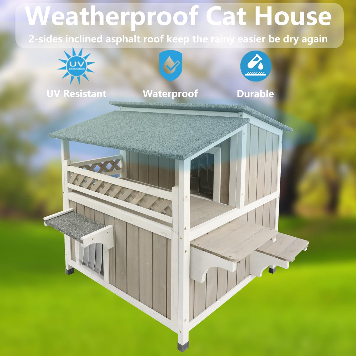 Gowoodhut Feral Cat Shelter Outdoor Weatherproof - Two Story Wooden Cat House Outside Feral Cat House with Balcony Waterproof, Escape Door Gowoodhut