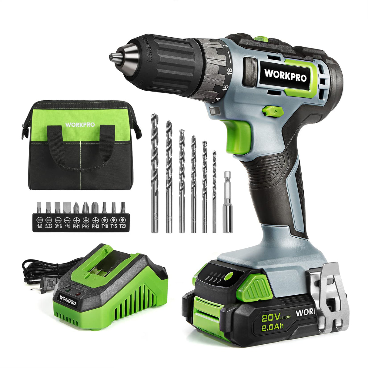 WORKPRO 20V Cordless Drill Driver Kit, 3/8'' Keyless Chuck, 2.0 Ah Li-ion Battery, 1 Hour Fast Charger and 11-inch Green Storage Bag Included WORKPRO