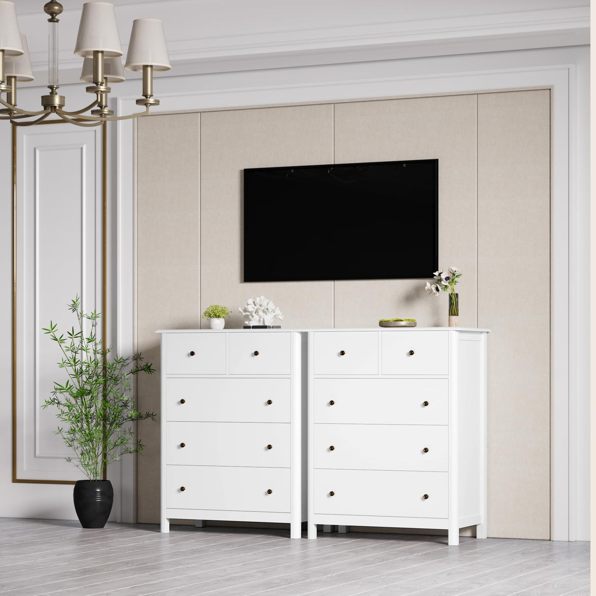 HOUSUIT White Dresser with 5 Drawers, Tall Dresser Chest of Drawers, 5 Drawer Dresser with Deep Space, Wood Dresser Storage Cabinet for Living Room, HOUSUIT