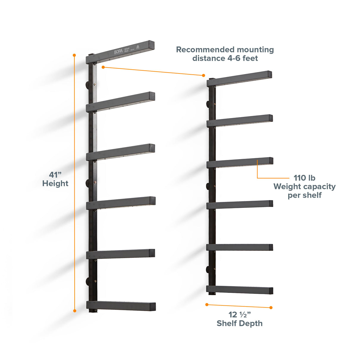 Bora Portamate Wood Organizer and Lumber Storage Metal Rack with 6-Level Wall Mount – Indoor and Outdoor Use, Black/Grey - PBR-006B Bora