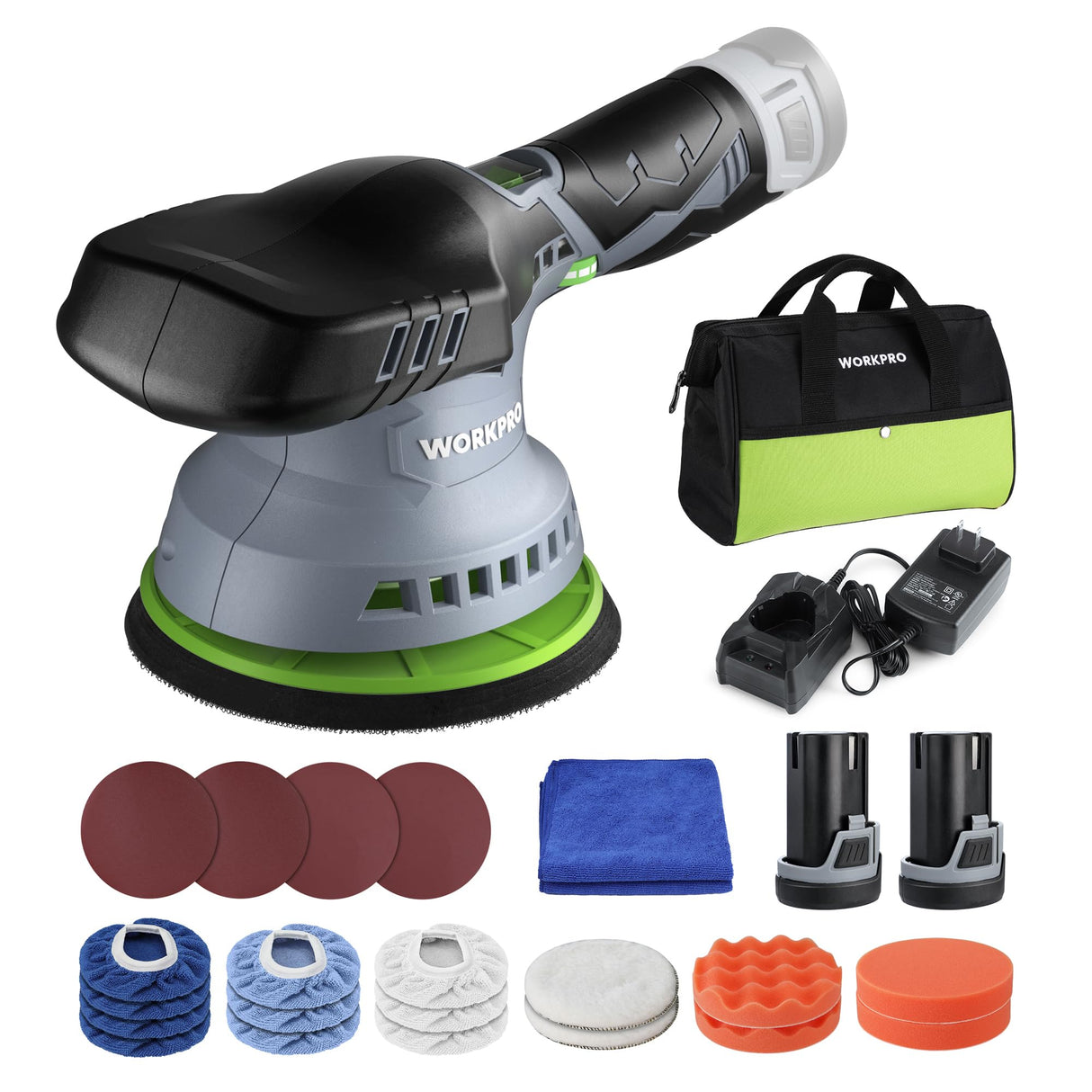 WORKPRO Cordless Car Buffer Polisher 6-Inch Dual Action Polisher for Car Detailing with 2 pcs 12V Rechargeable Battery, Orbital Polisher with WORKPRO