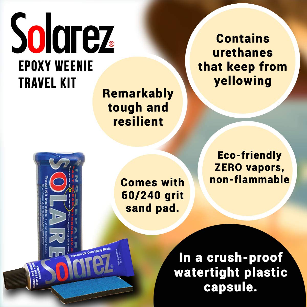 SOLAREZ UV Cure Epoxy Ding Repair Weenie Travel Kit (0.5 oz Tube) - SUP/Surfboard Repair - Fast Solar Cure Clear Resin w 60/240 Grit Sand Block w SOLAREZ