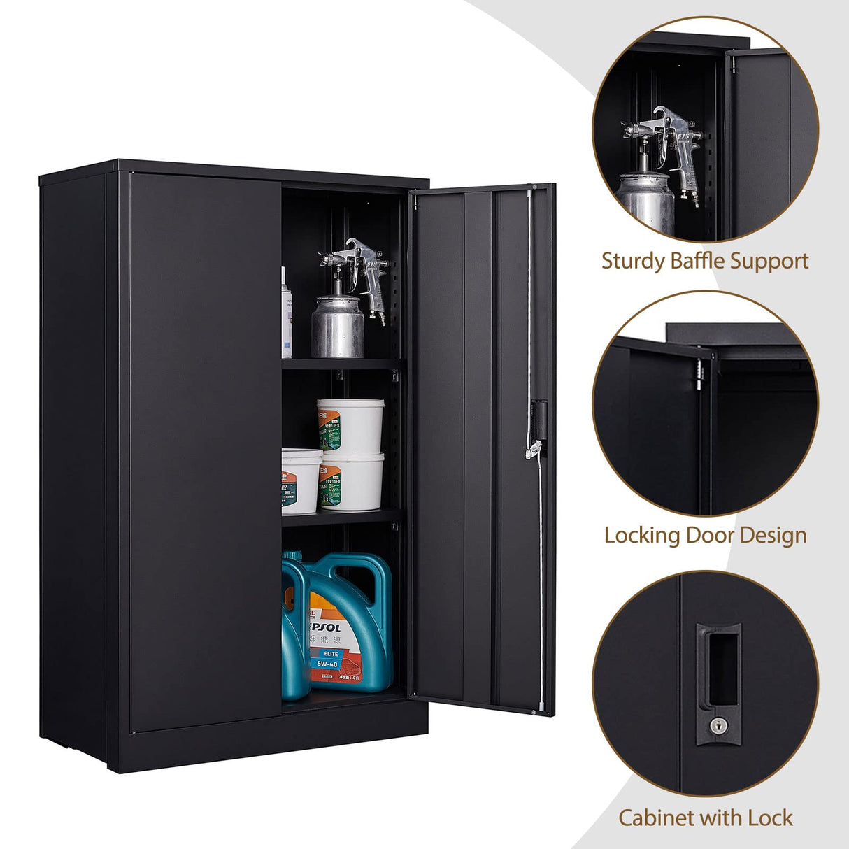 Neylory Metal Storage Cabinet with Locking Doors, Lockable Steel Storage Cabinet with 2 Doors and Shelves, Black Metal Cabinet with Lock, Small Steel Neylory
