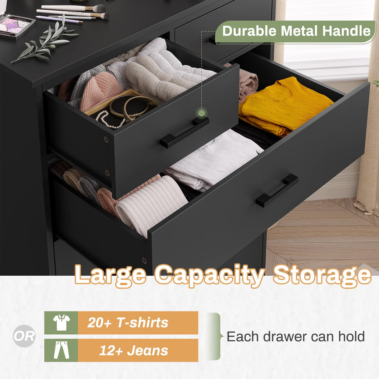 Hasuit Black Dresser for Bedroom, 6 Drawers Dresser Wood Storage Tower Clothes Organizer, Chest of 6 Drawers, Large Capacity Storage Cabinet, Tall Hasuit