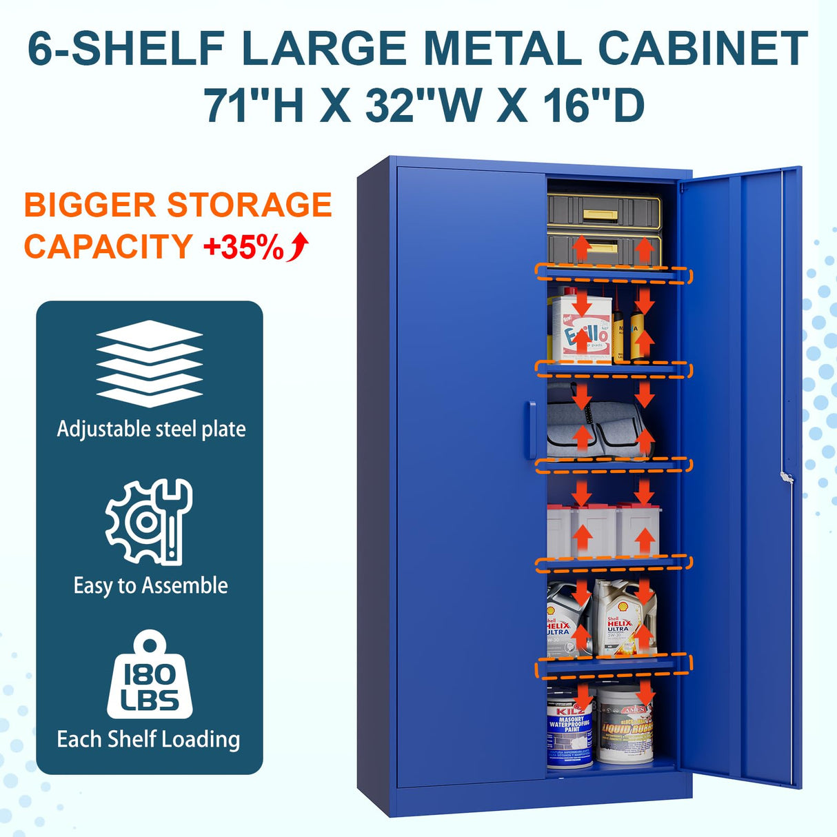 MIIIKO Metal Storage Cabinet with Locking Doors, 72'' Tall Blue Steel Cabinet with 5 Adjustable Shelves, Lockable Metal Utility Cabinet for Garage, MIIIKO