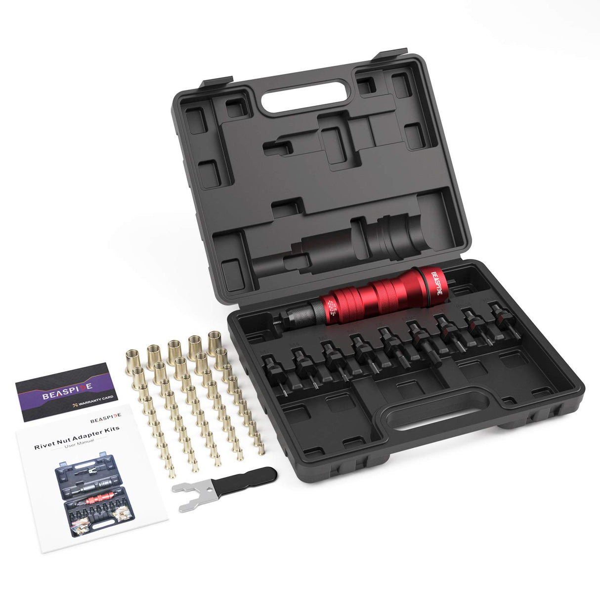 Cordless Drill Electric Rivet Gun Adapter Rivet Nut Drill Adapter Kit Including 10 Mandrel and 50Pcs Assorted Rivet Nuts, Rugged Carrying Case Beaspire