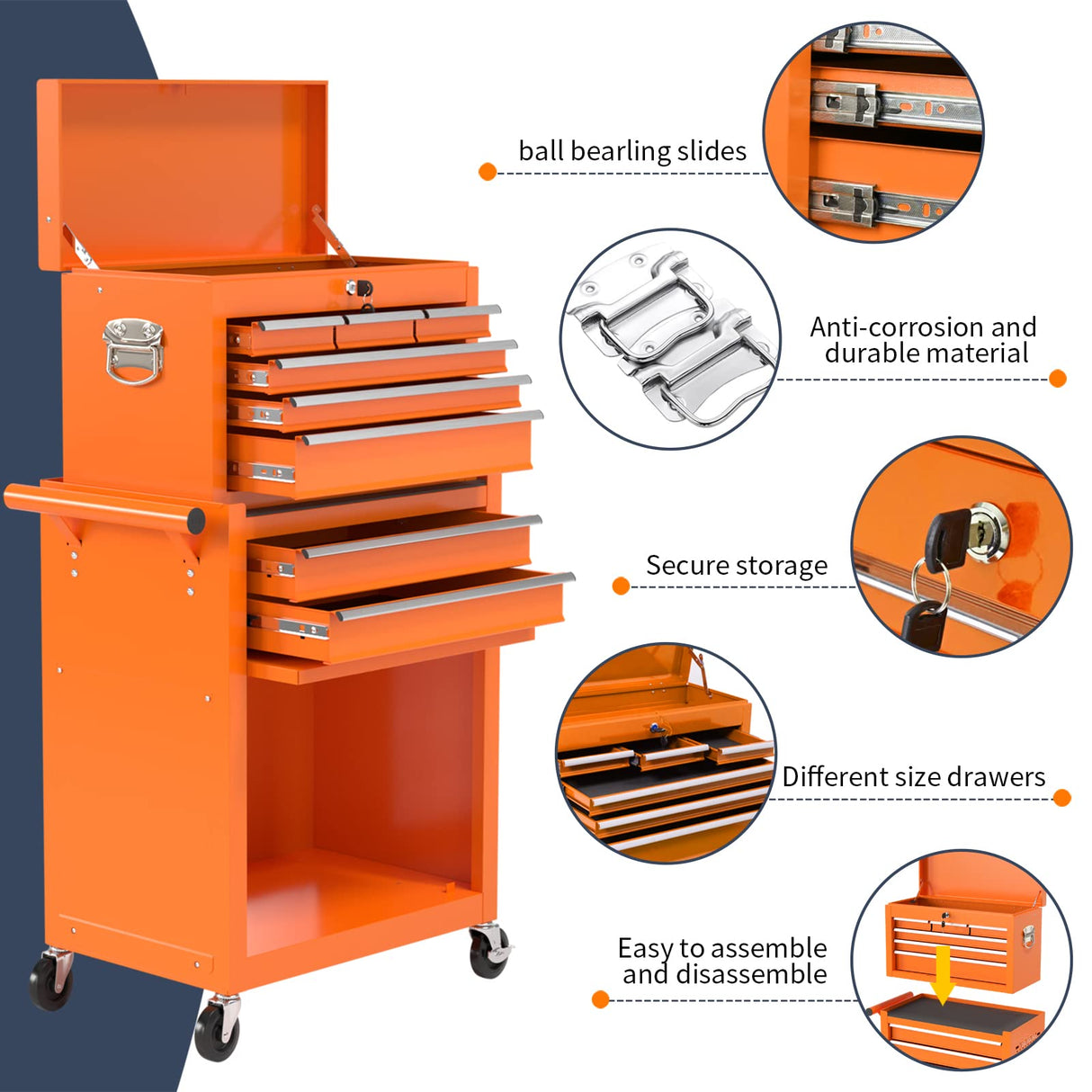 8-Drawer Rolling Tool Chest & Portable Tool Box with 2 Handles, Lockable Rolling Tool Box with 4 Hooks, Large Capacity Garage Storage Tool Cabinet SGmory