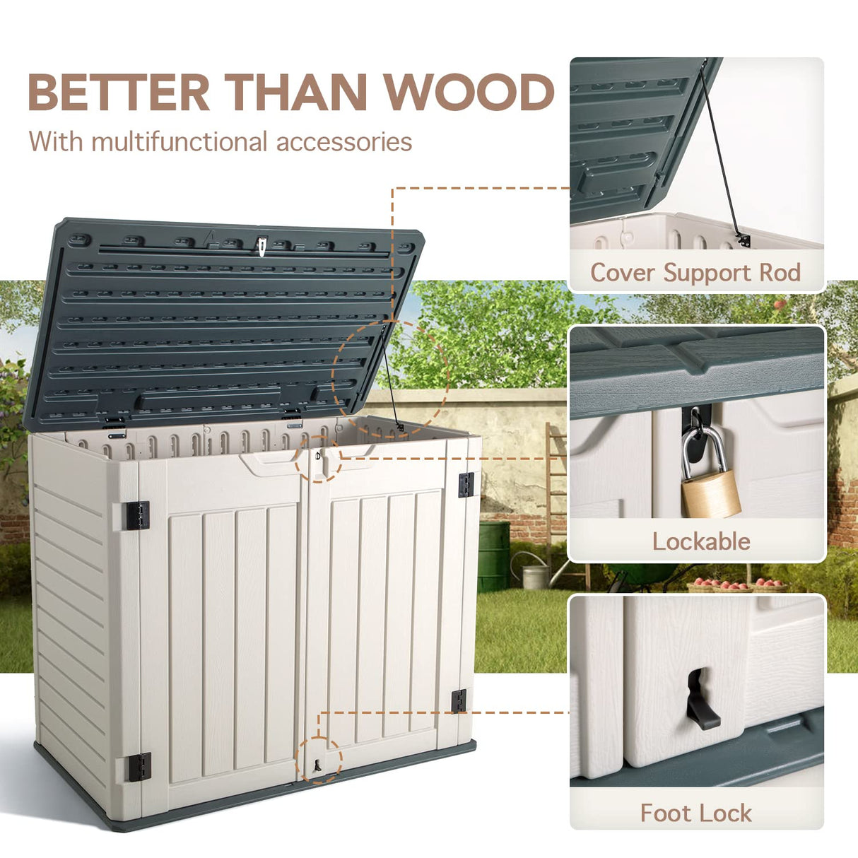 Jummico Horizontal Outdoor Resin Storage Shed 27 Cu. Ft. Garden Storage Extra Large Capacity Weather Resistant Storage Box for Bike, Garbage Cans, JUMMICO