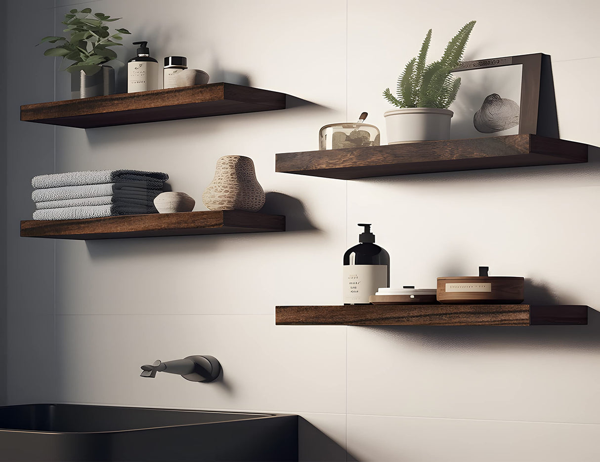 IKJZIZP Rustic Farmhouse Floating Shelves for Wall Decor Storage Wood Wooden Wall Shelves for Bedroom Bathroom Kitchen Living Room - Brown Set of 4 IKJZIZP