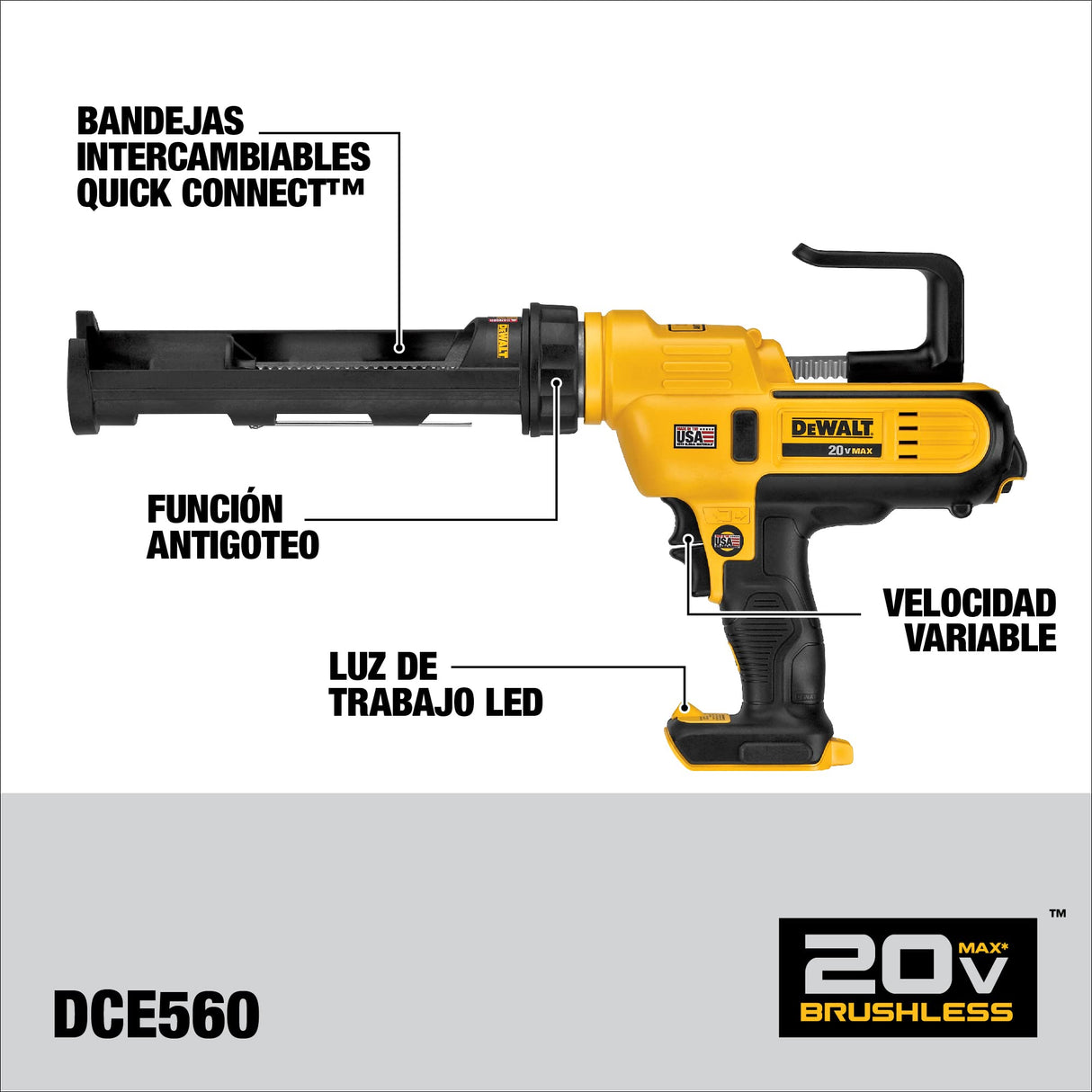 DEWALT 20V MAX Caulking Gun, Cordless, 10oz, Variable Speed Trigger, Interchangeable Canister Trays, Bare Tool Only (DCE560B) DEWALT