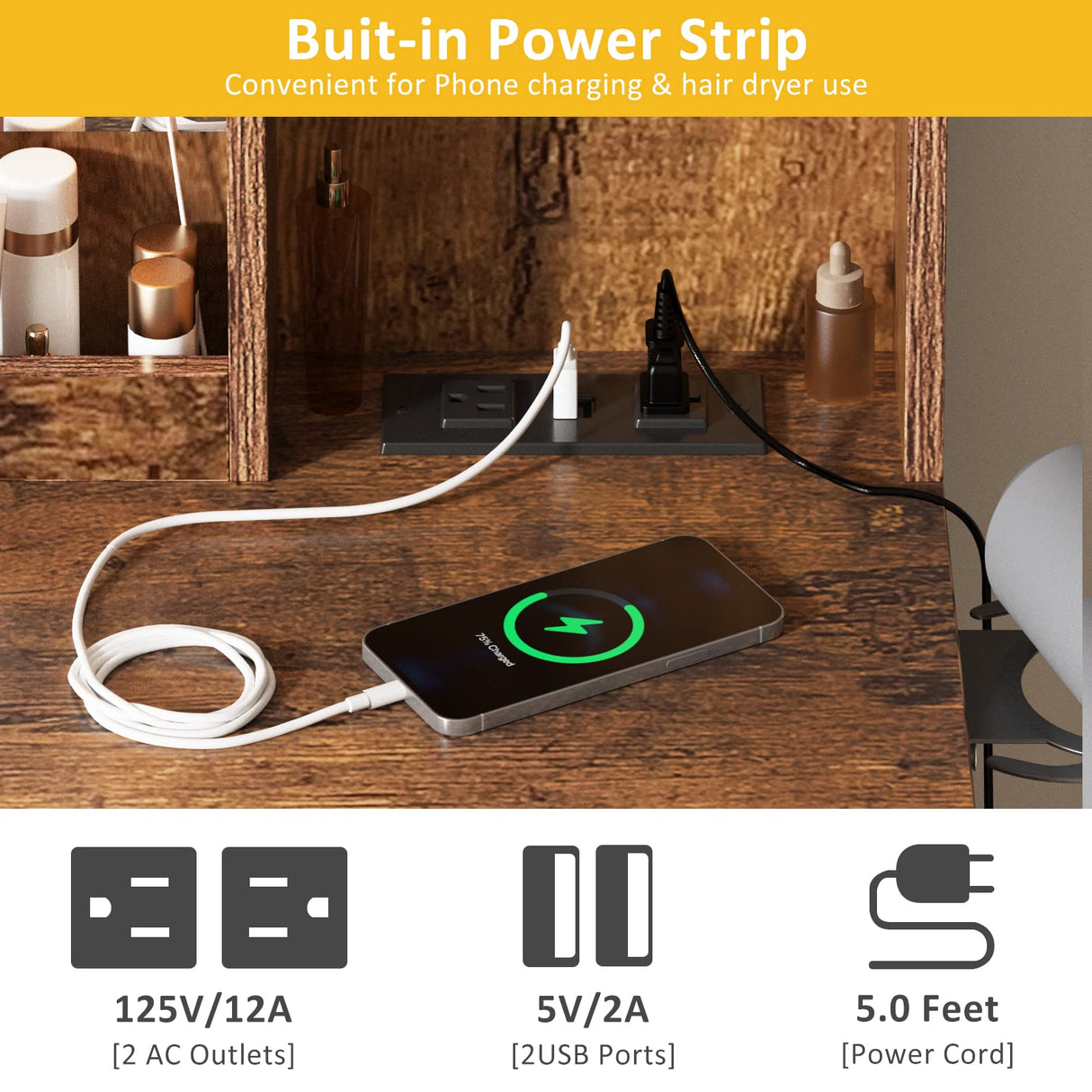 Vabches Makeup Vanity Table with Lighted Mirror & Power Strip, Large Vanity Set Vanity Desk with Lots Storage, 3 Lighting Modes, Brightness Vabches