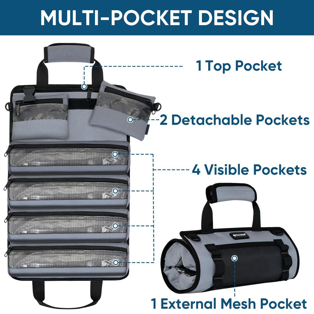 TICONN Tool Roll Bag, Heavy Duty Roll Up Tool Bag Organizer, Portable Visible Tool Storage Bag with 2 Detachable Tool Pouch (Green) TICONN