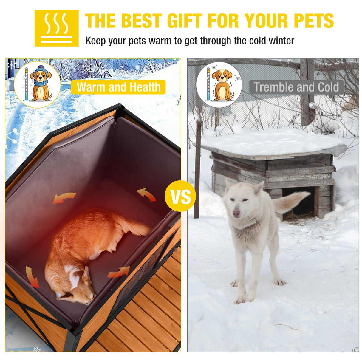 Aivituvin Dog House with Insulated Liner Outdoor All-Around Iron Frame Dog Kennel Outside with Overhang Roof Large Porch Weatherproof Aivituvin