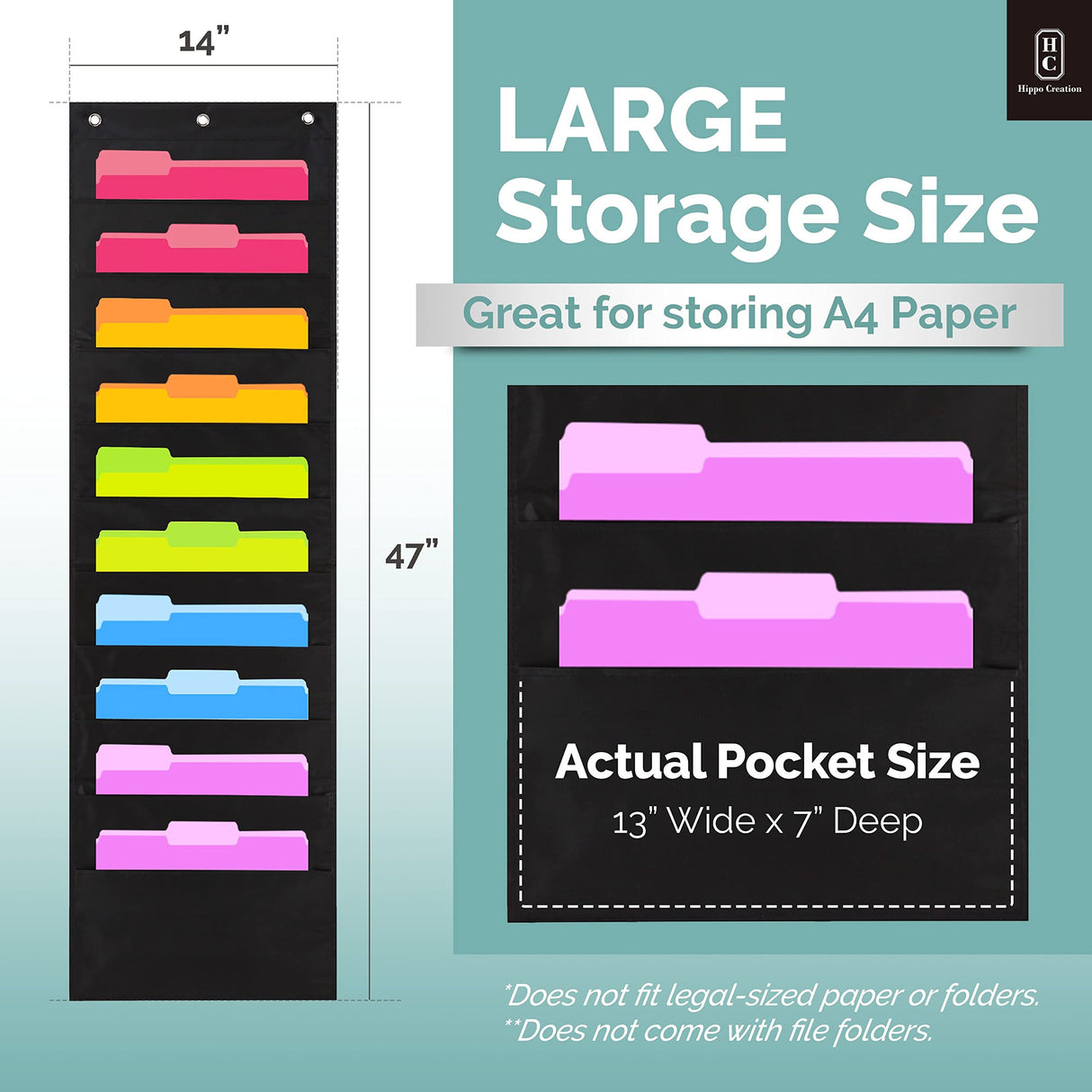 Black Pocket Chart for Classroom - 10 Pocket Storage Rainbow Pocket Charts , 2 Over Door Hangers Included, Hanging Wall File Organizer for File Hippo Creation