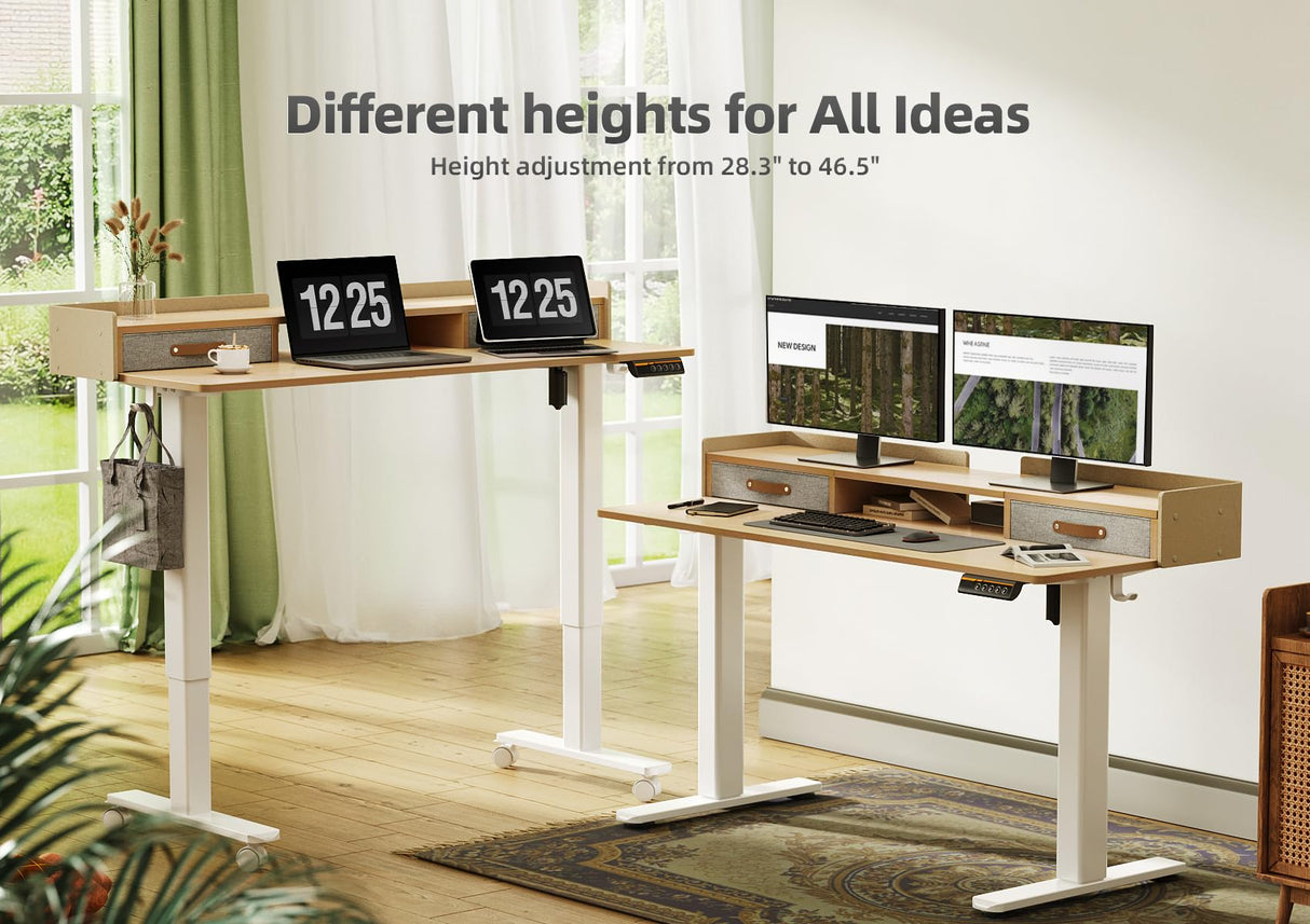 YDN Standing Desk with Drawers, 48 Inch Standing Desk Adjustable Height, Adjustable Electric Stand Up Sit Stand Small Desk with Storage and Shelf, YDN