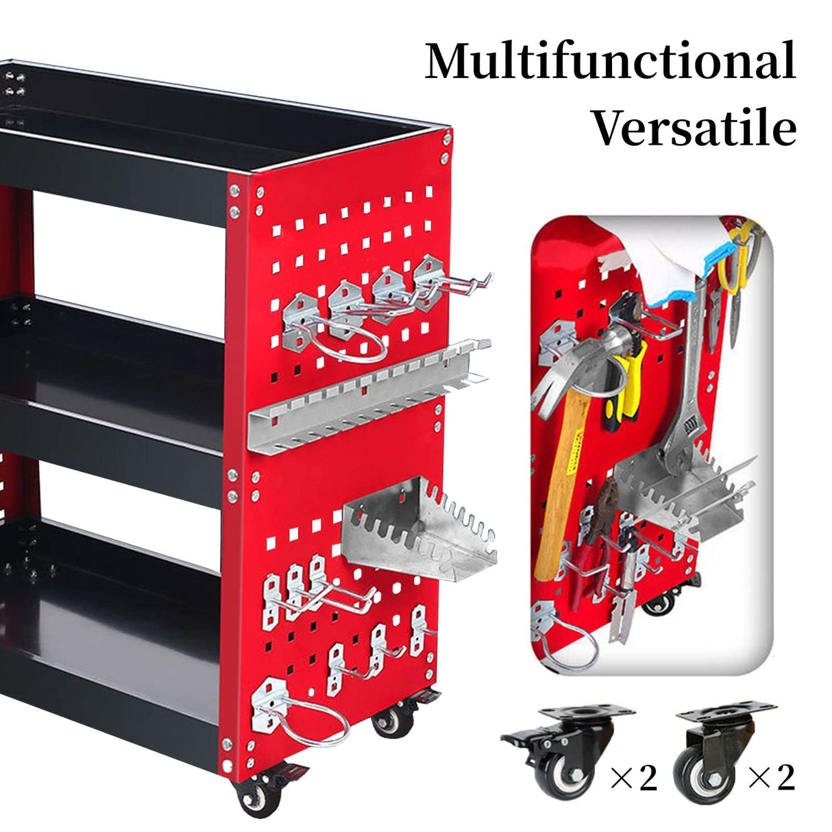 Youthua 3-Tier Rolling Tool Cart, Heavy Duty, 360 Degree Rotating Wheels, 14 Hooks, 300lbs Load Capacity, Red youthua