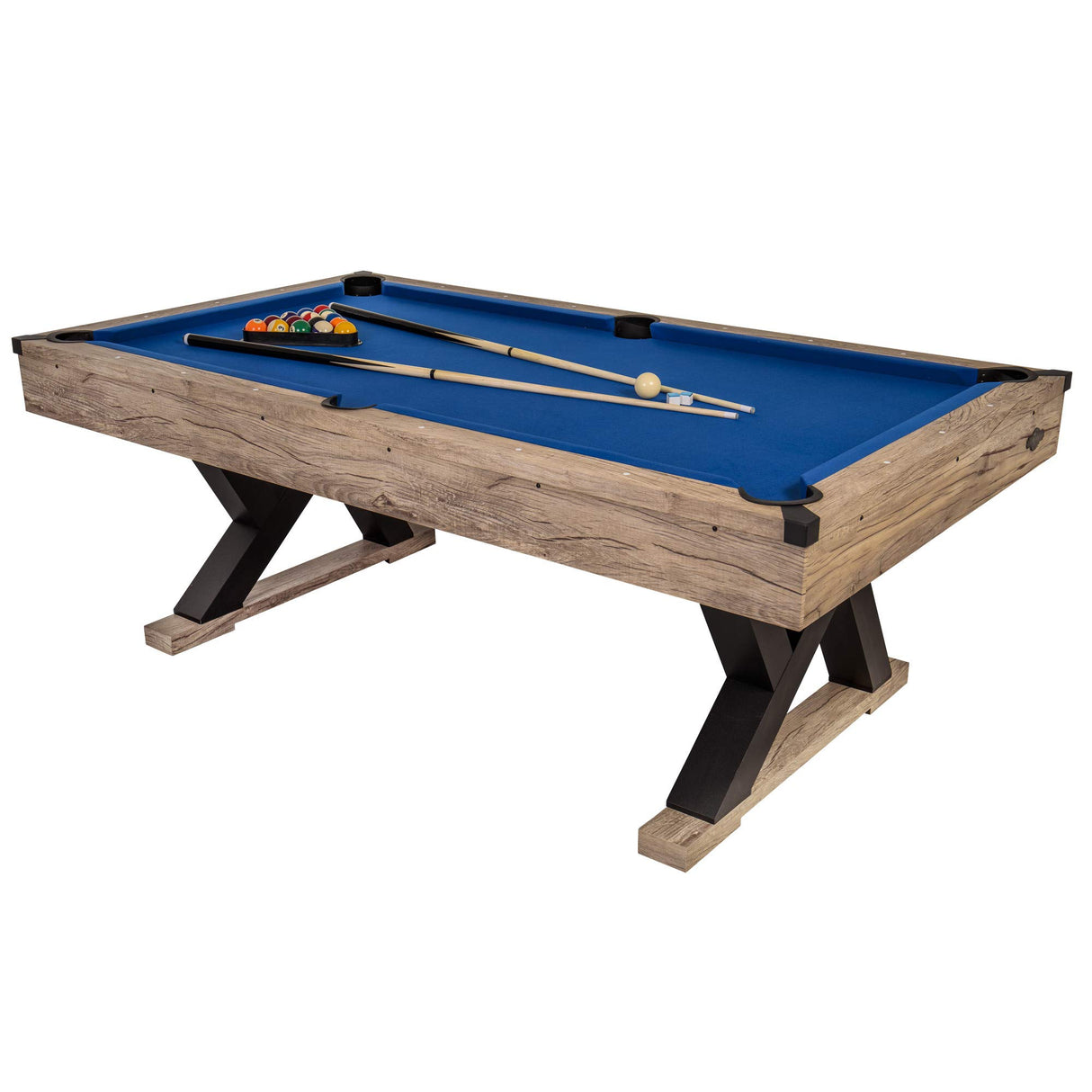 American Legend Kirkwood 84” Billiard Table with Rustic Blond Finish, K-Shaped Legs and Royal Blue Cloth American Legend