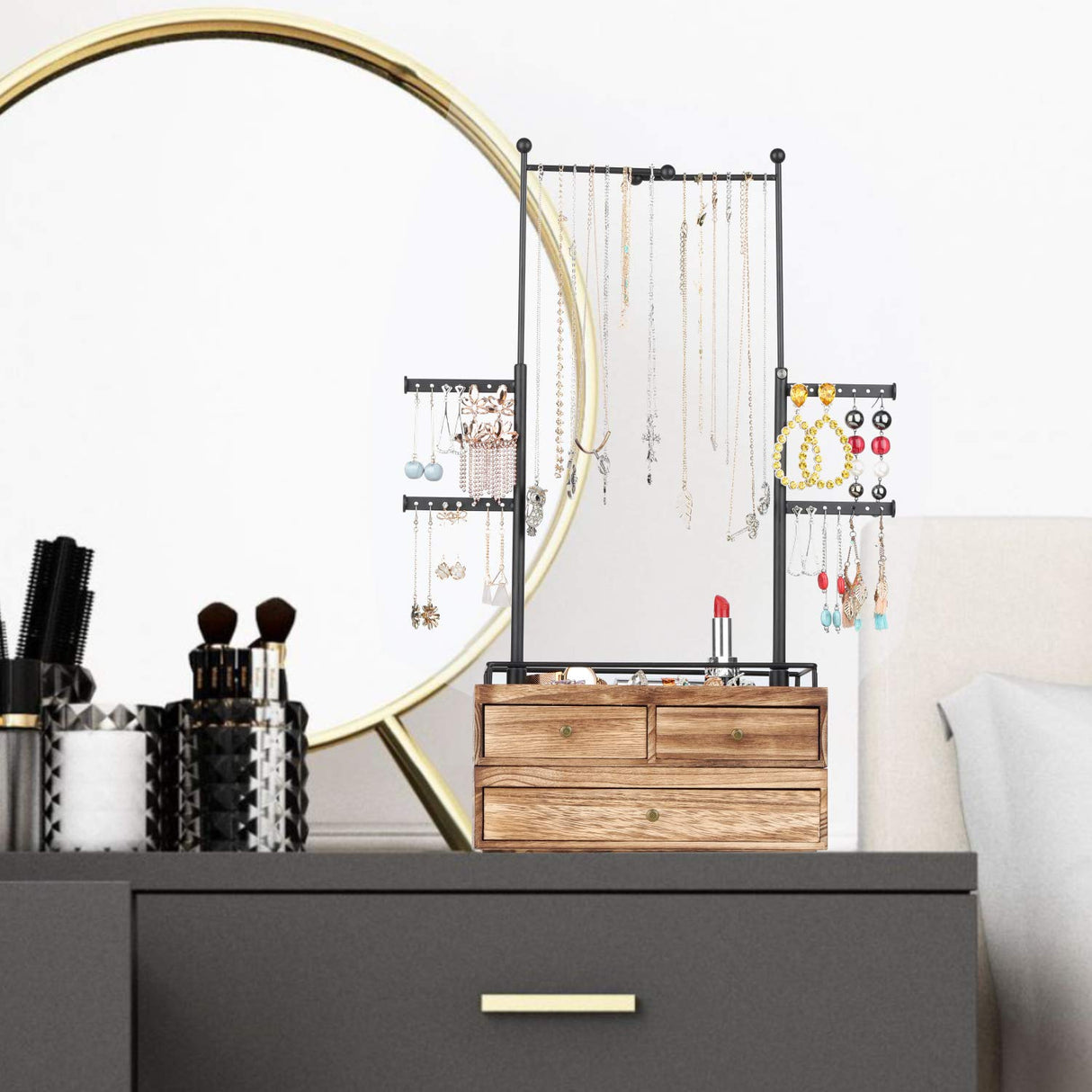 Jewelry Organizer - 2 Layer Wooden Jewelry Drawer Storage Box with 6 Tier Jewelry Tree Stand, Jewelry Display for Necklaces Bracelet Earring Ring Olakee