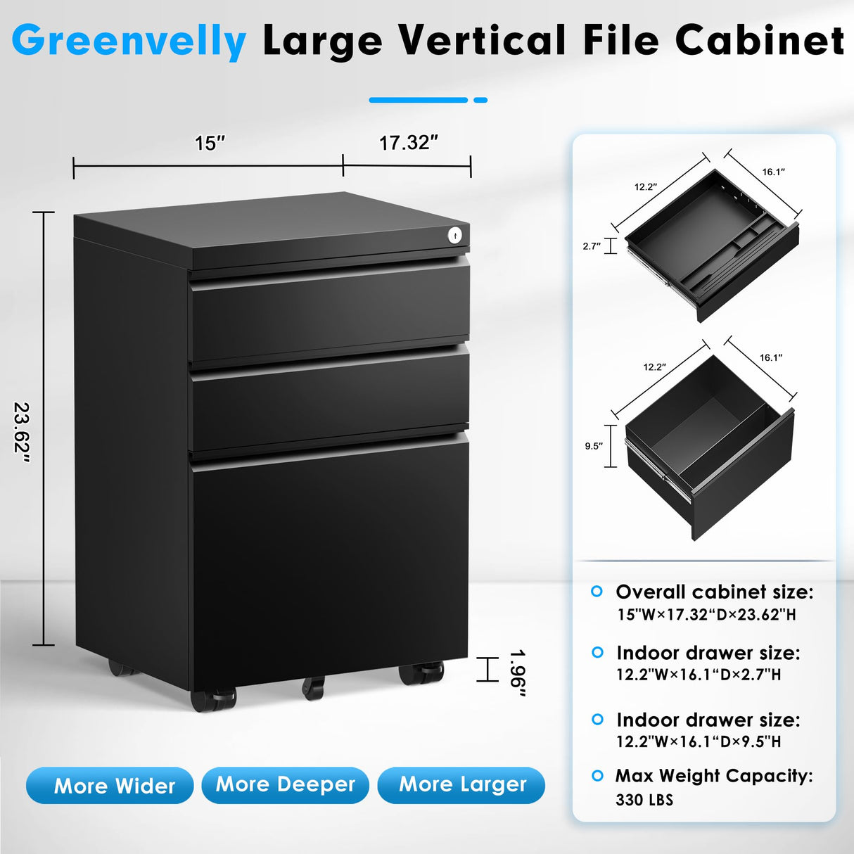 Greenvelly Black 3 Drawer File Cabinet with Wheels, Locking Mobile Filing Cabinet with Lock, Office Rolling File Cabinets for Legal/Letter Size with Greenvelly