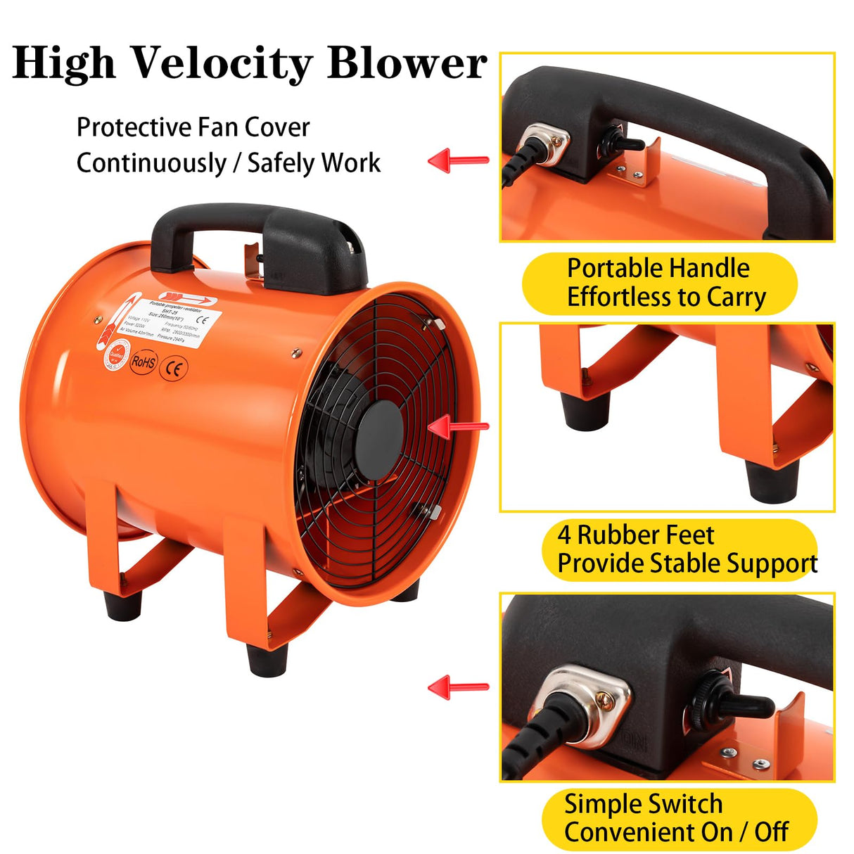 Utility Blower Fan, 10 inch Ventilator Blower, 2800/3300RPM Extractor Fan Blower, Portable Industrial High Velocity Blower-with 32.8 ft/10 m Duct Yellulu