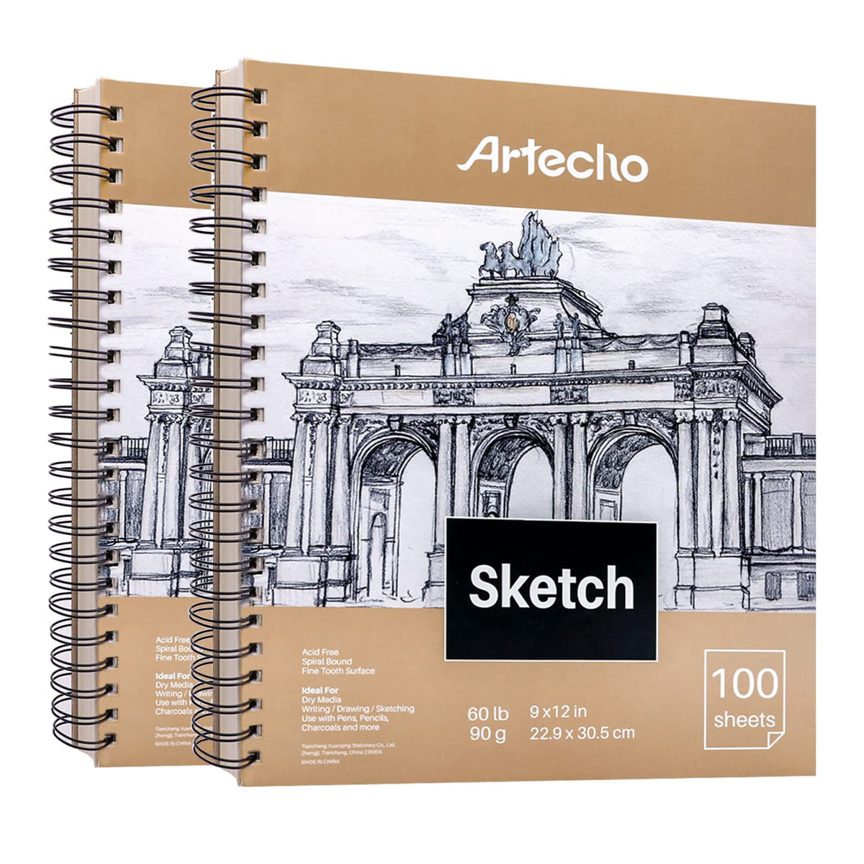 Artecho Sketch Book 9 x 12 Inch, 100 Sheets 90gsm, Pack of 2, Spiral Sketchbook, Hardcover Sketchbook, Acid Free Sketch Paper, Sketch Pad, Sketchbook Artecho