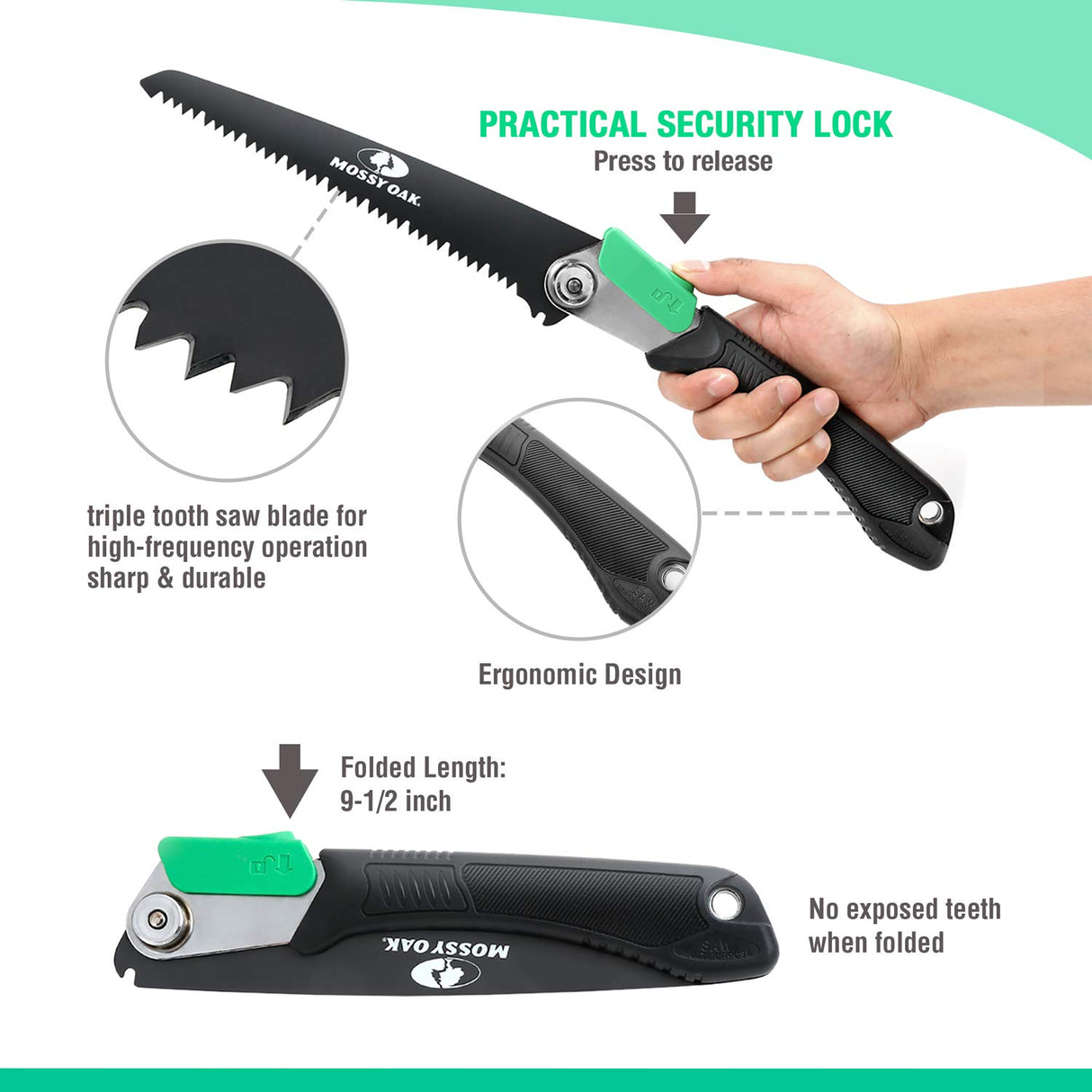 MOSSY OAK 3 in 1 Folding Saw, Pruning Hand Saw with Wood, Metal and PVC Blade, Camping Saw for Backpacking, Hunting and Bushcraft, Pouch Included Mossy Oak