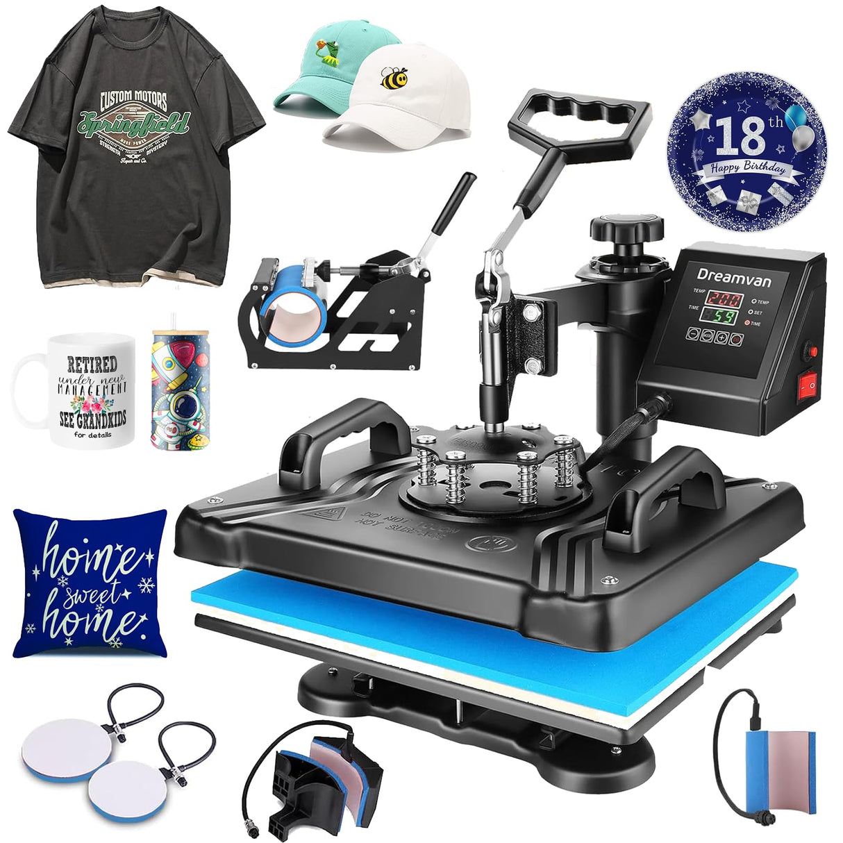 HIFRRUY 5 in 1 Heat Press Machine 12x15 Inch T-Shirt Press Machine Sublimation Heat Press 360° Swing Away Digital Heat Transfer Combo for Shirt Cap HIFRRUY