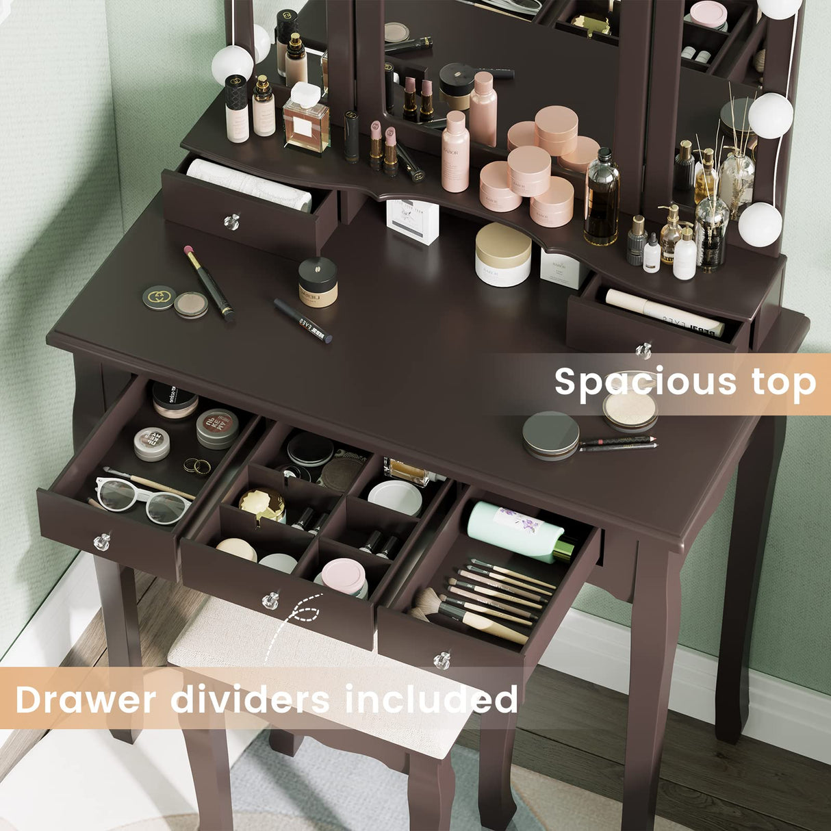 Tiptiper Vanity Desk, Makeup Vanity Set with Lighted Mirror and Stool, Dressing Table with 5 Drawers, 3 Light Settings & Adjustable Brightness, Tiptiper