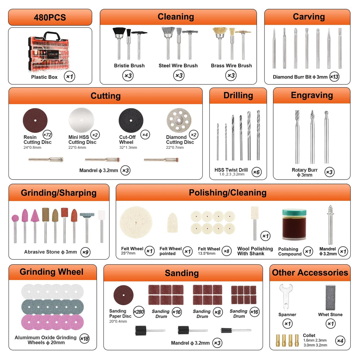 480Pcs Rotary Tool Accessories Kit, GOXAWEE 1/8 inch Shank Rotary Tool Accessory Set, Multi Purpose Universal Kit for Cutting, Drilling, Grinding, GOXAWEE