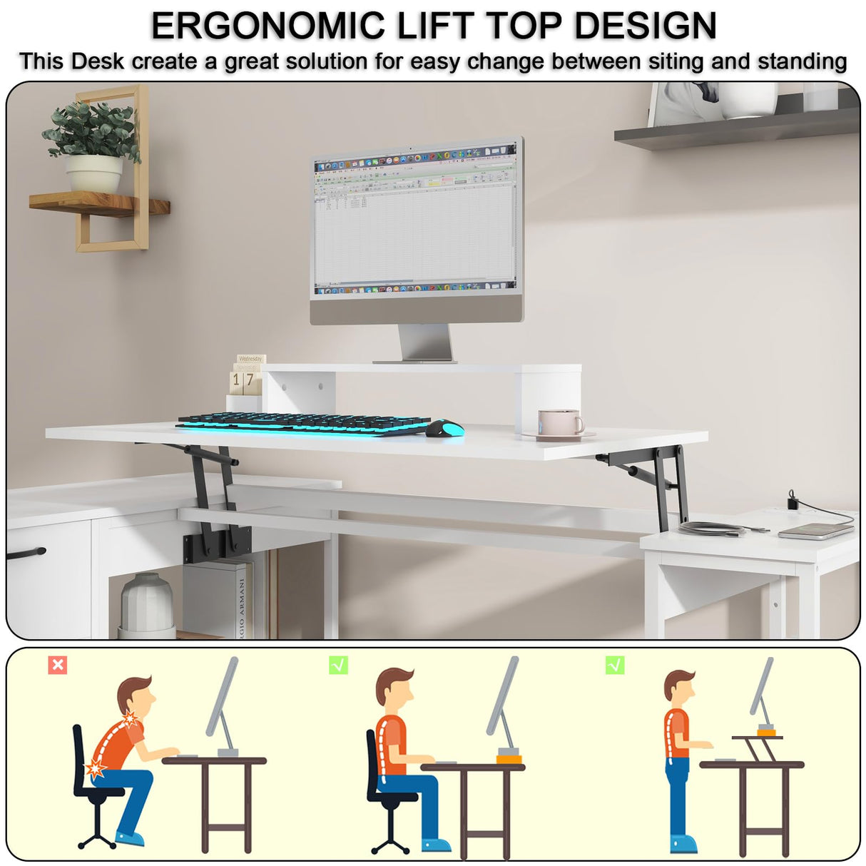 Halitaa 61" L Shaped Computer Desk with Lift Top, Power Outlets, and 3 Drawers Halitaa