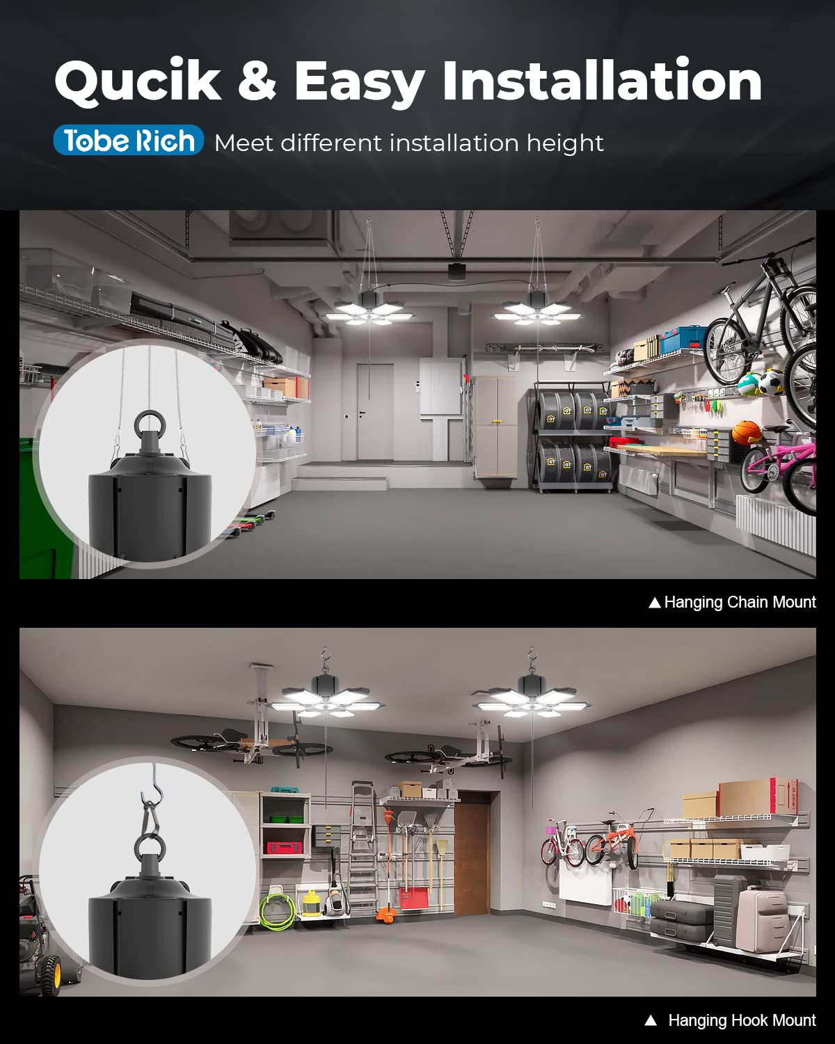 toberich 2-Pack Plug in Garage Light, 200W 20000LM Linkable LED Shop Light w/Pull Chain(ON/Off), 6+1 Deformable Panels, 6500K LED Ceiling Lights for toberich