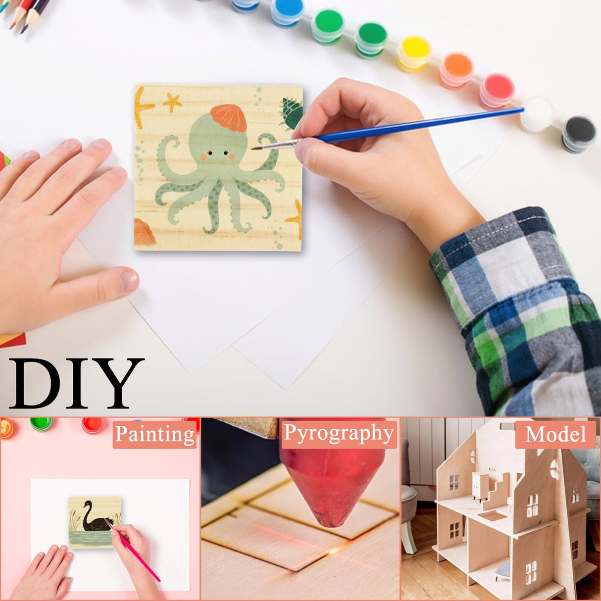 WOPPLXY 100 Pcs 2 X 2 Inch Wooden Squares for Crafts, 0.27 Inch Thick Natural Blank Square Blocks, Unfinished Wood Blocks, Blank Wood Wooden Tiles WOPPLXY