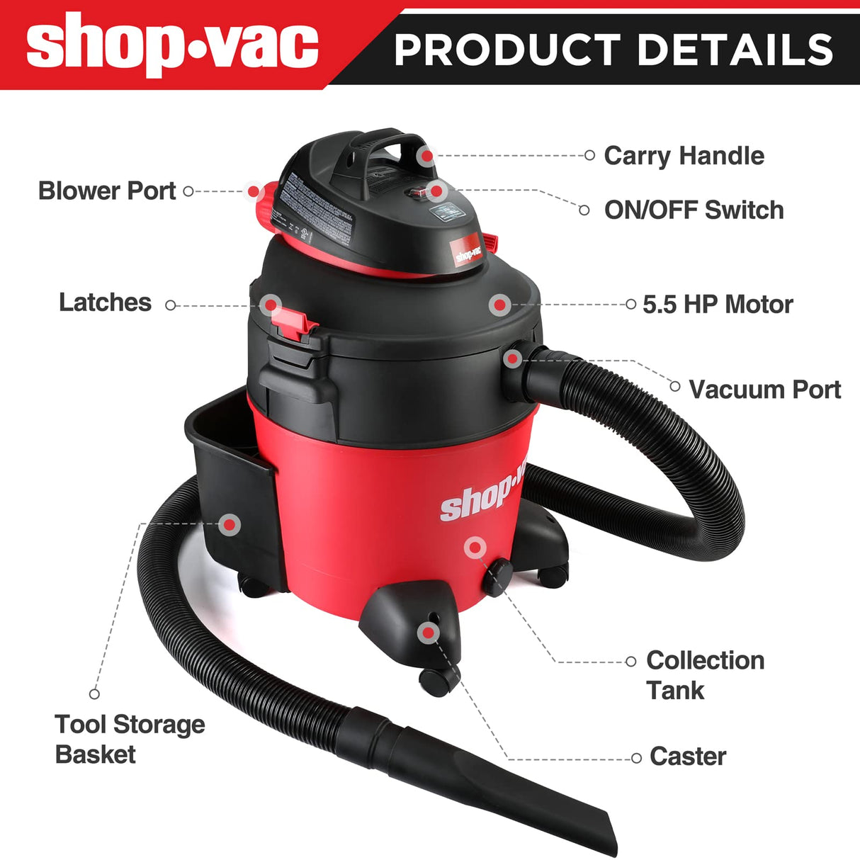 Shop-Vac 12 Gallon 5.5 Peak HP Wet/Dry Vacuum, SVX2 Motor Technology, 3 in 1 Function Portable Shop Vacuum with Cart, Attachments, Drain Port. Shop-Vac