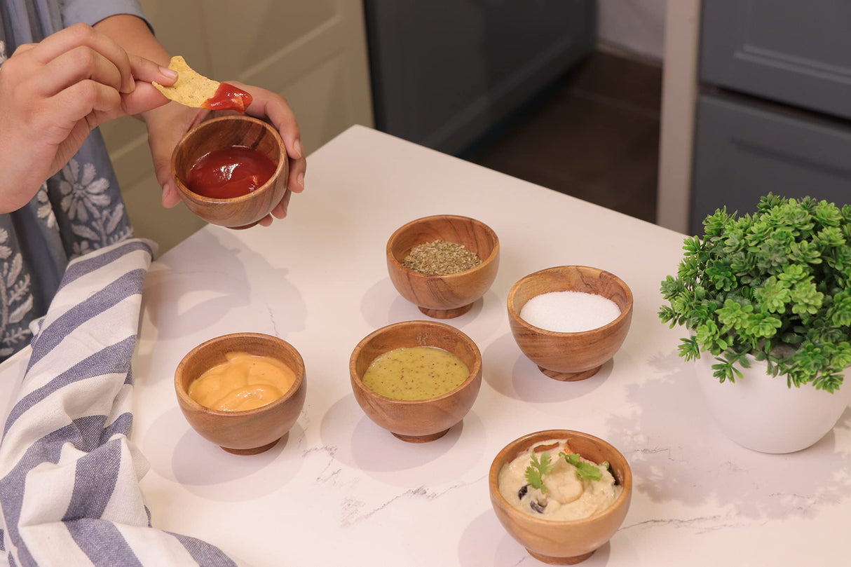 LAVAUX DESIGNS Set of 6 Acacia wood small bowls, 4 fl oz 3.25 * 2 inches | Hand carved wooden Kitchen Mini Cups for Dips, Sauce, Nuts, Prep, Spice & LAVAUX DESIGNS