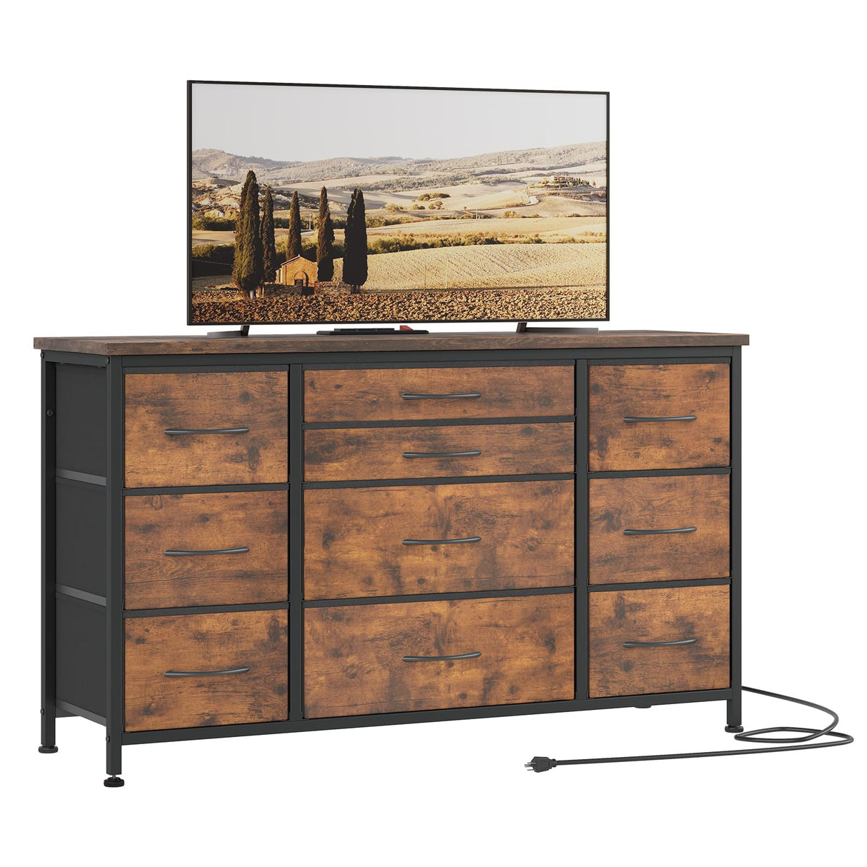 Jojoka Wide Dresser with 10 Large Drawers for 55'' Long TV Stand with Power Outlet Entertainment Center, Storage Fabric Drawer Unit for Bedroom, Jojoka