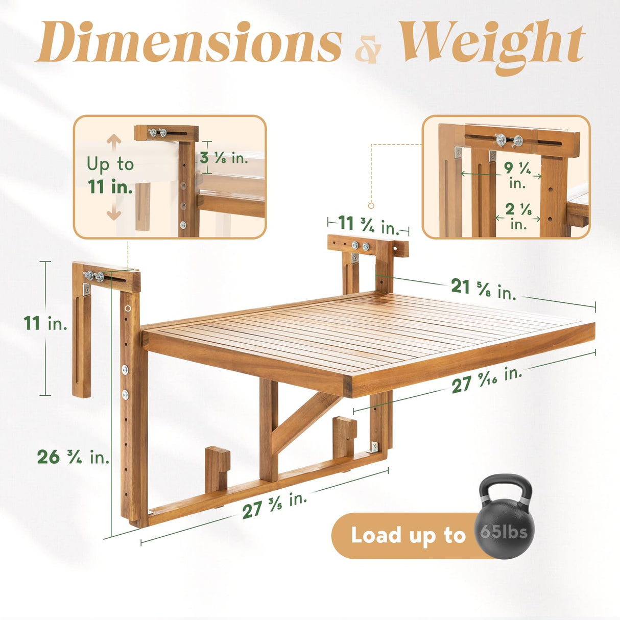 Idzo FSC Acacia Wood Folding Balcony Bar Table for Railings, Adjustable Height & Width, Teak Brush Finish Durable Against Weather, Ideal Spacious IDZO