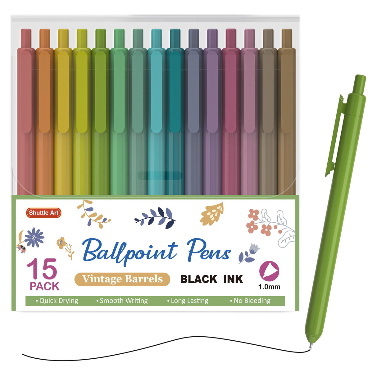 Shuttle Art Ballpoint Pens, 15 Pack Vintage Retractable Black Ink Ball Point Pens, Cute Pens 1.0mm Medium Point Quick Drying for Writing Journaling Shuttle Art