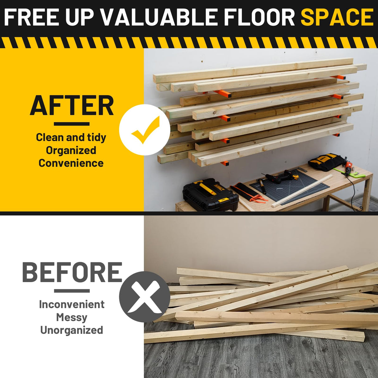 YYR Wood Organizer and Lumber Storage Rack Wall Mount, Heavy Duty Metal Shelf with 4-Level Holds Up 800 LBS, Indoor & Outdoor Use - Orange YYR