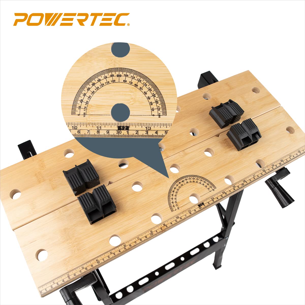 POWERTEC MT4006 Deluxe Bamboo Workbench Top | Portable Project Center and Vise Tool w/4 Bench Dogs,Black POWERTEC
