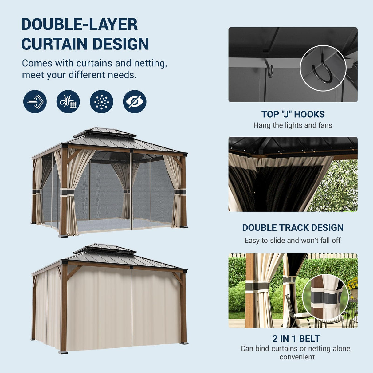 UDPATIO 10' x 12' Hardtop Gazebo, Wood Grain Finish Aluminum Frame Outdoor Gazebo with Galvanized Steel Double Roof, Metal Gazebo Canopy with Curtain UDPATIO